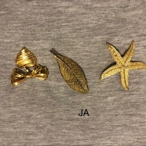 Set of Three Goldtone Vintage Brooches Pins Starfish Leaf Bow w/ Engraved Heart